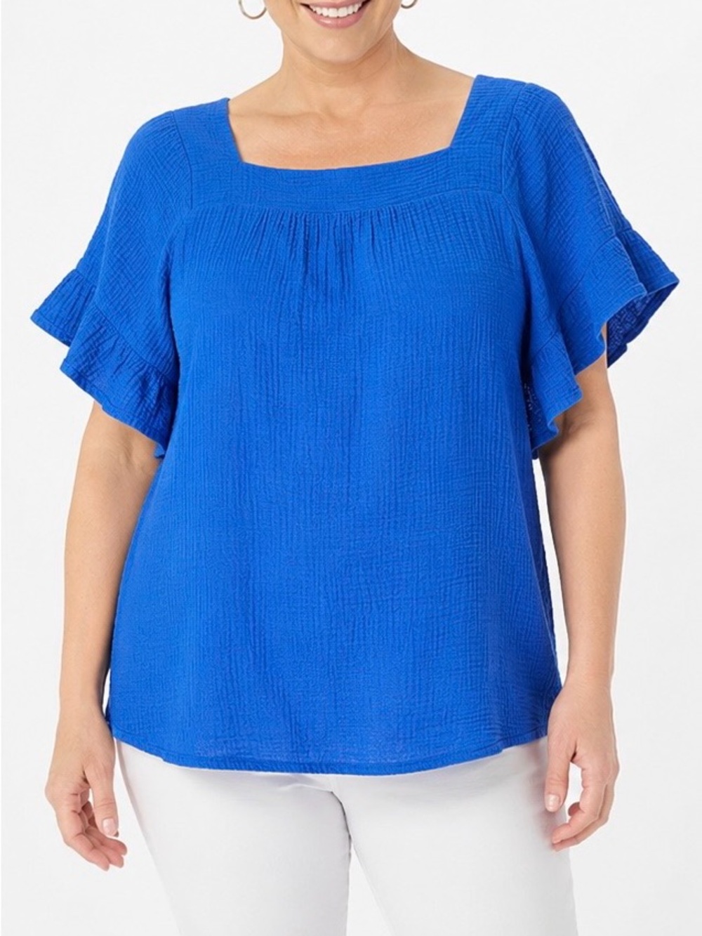 Belle Beach by Kim Gravel Blue Cotton Gauze Flutter Sleeve Top Size M
